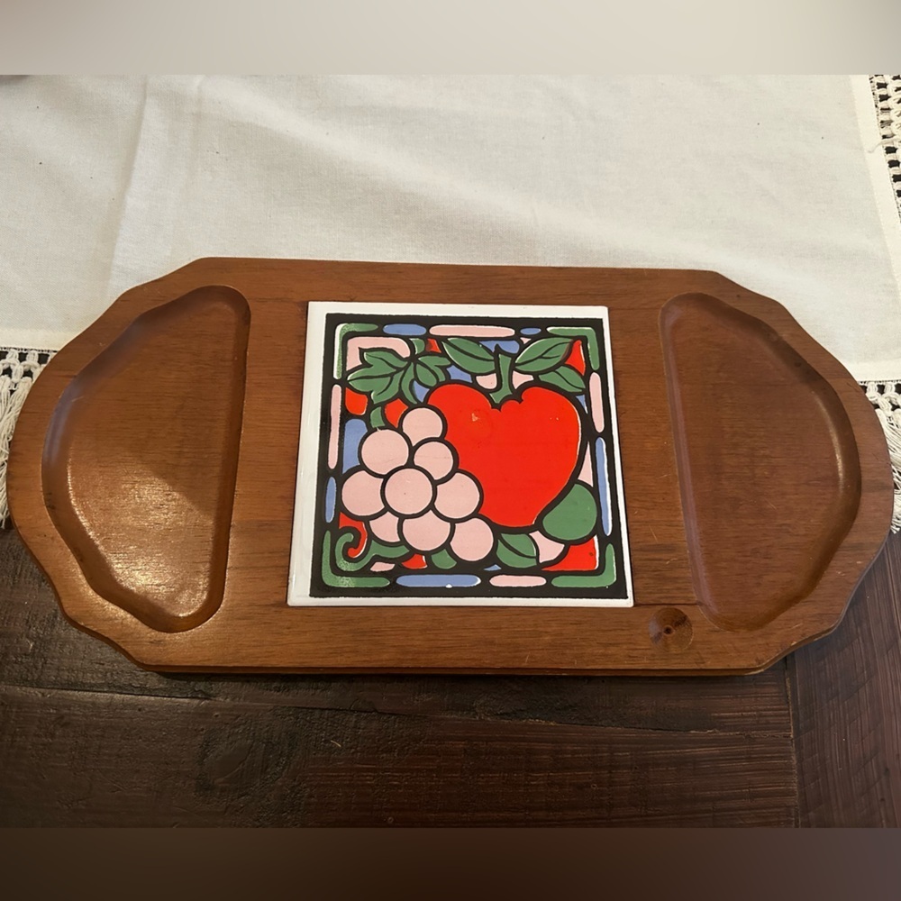 Vintage Wooden cheese Tray with fruit Tile Inlay
